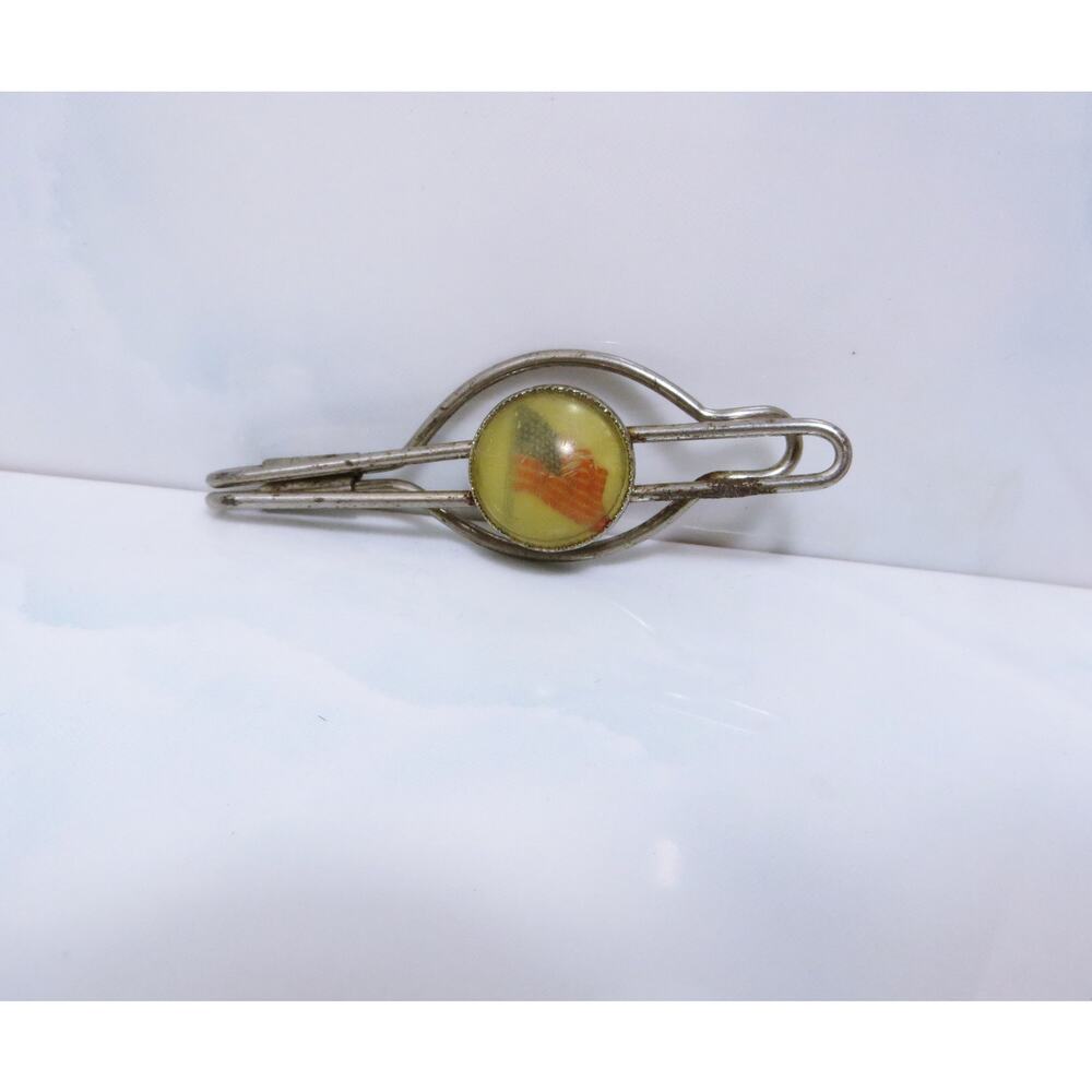Vintage Silver Tone American Flag Glass Dome Tie Bar